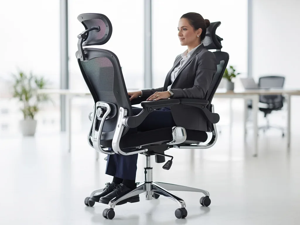 Modern ergonomic office chair with visible adjustment features, promoting good posture for long work hours