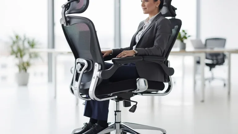 Modern ergonomic office chair with visible adjustment features, promoting good posture for long work hours