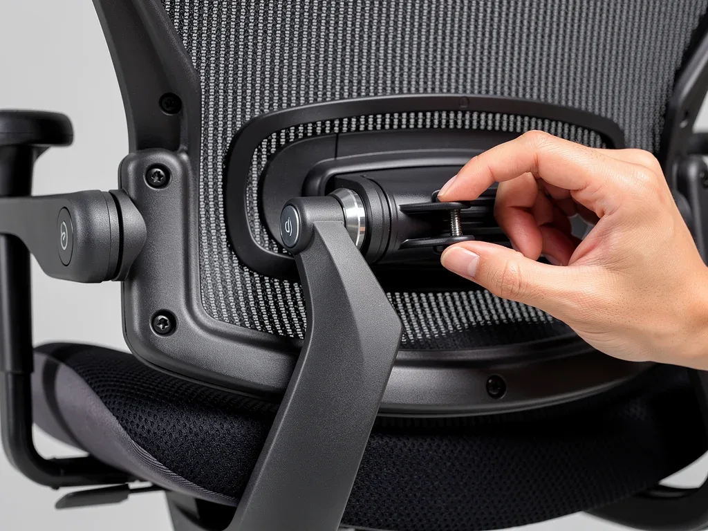 Detailed view of adjustable lumbar support on an ergonomic office chair, being set by hand