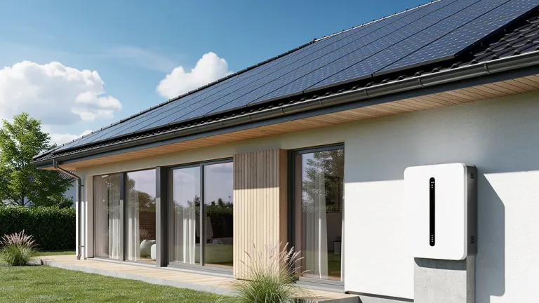 Home with solar panels and a visible battery storage unit for energy independence.