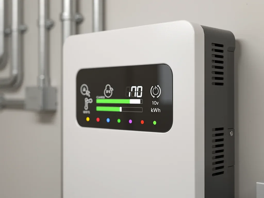 Close-up of a 10kWh home battery unit display, showing energy flow.