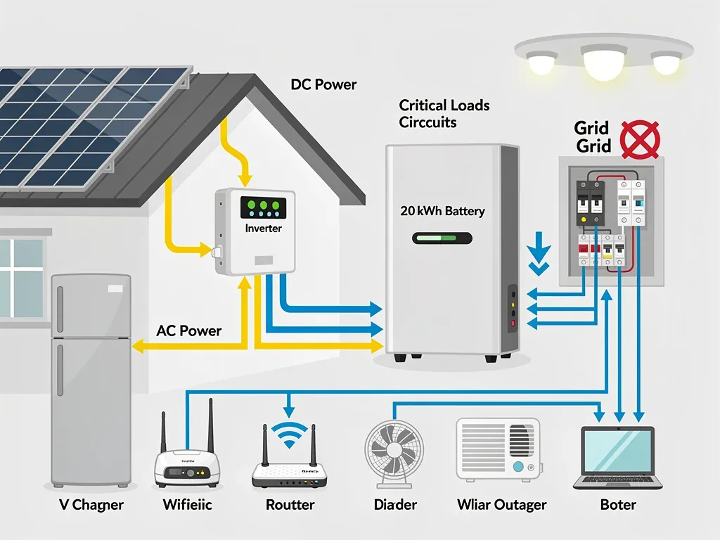 Diagram illustrating solar energy flow to a 20kWh home battery and critical loads.