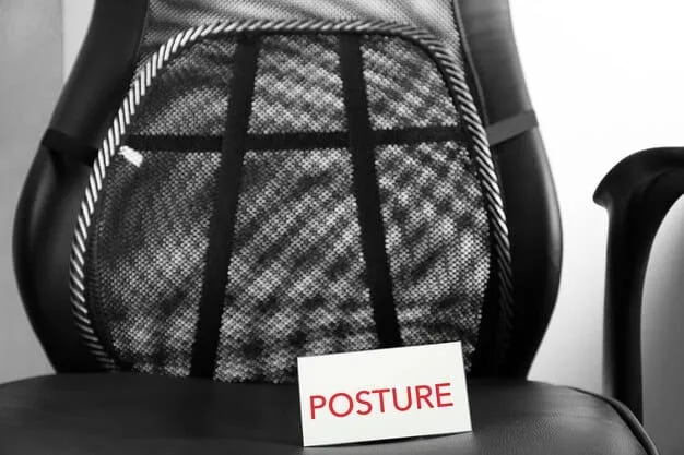A close-up shot of the adjustable lumbar support mechanism of an ergonomic office chair. Arrows indicate the different directions of adjustment. The chair material should be mesh for breathability.