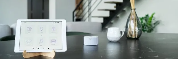 A close-up of a sleek, modern smart home hub on a wooden table, displaying various connected devices and controls.