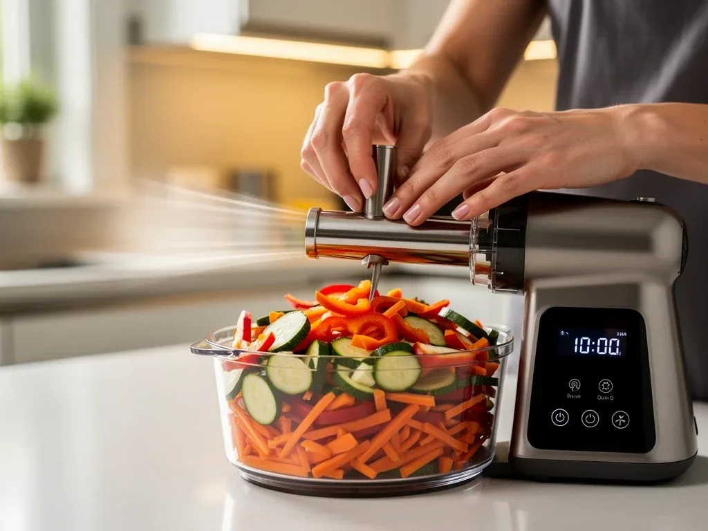 Smart food processor accelerating vegetable preparation in a modern kitchen