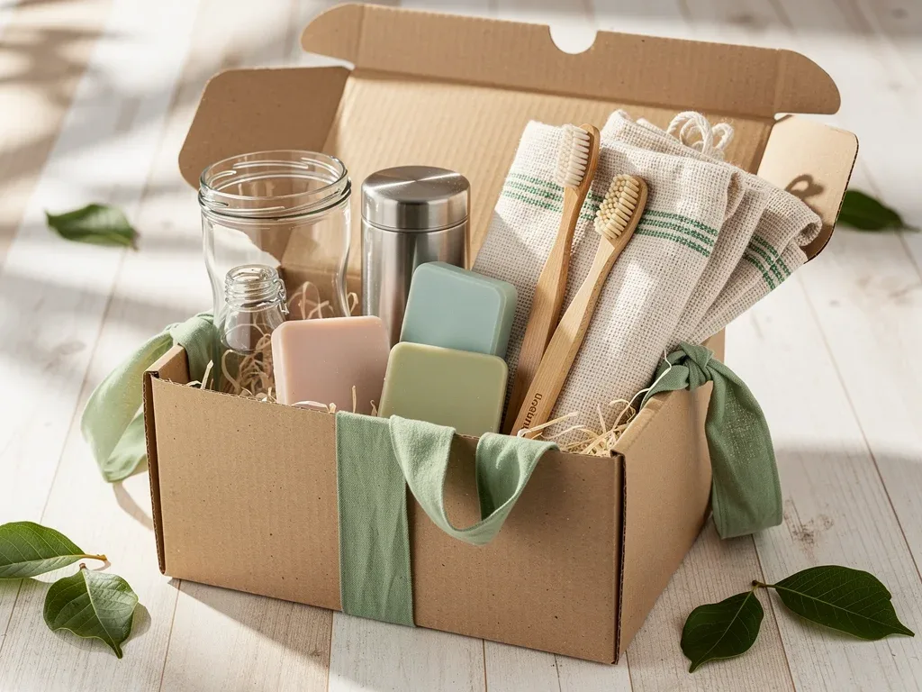 Assortment of eco-conscious products in a subscription gift box, emphasizing sustainability.