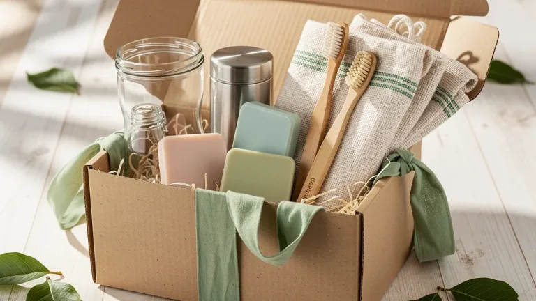 Assortment of eco-conscious products in a subscription gift box, emphasizing sustainability.