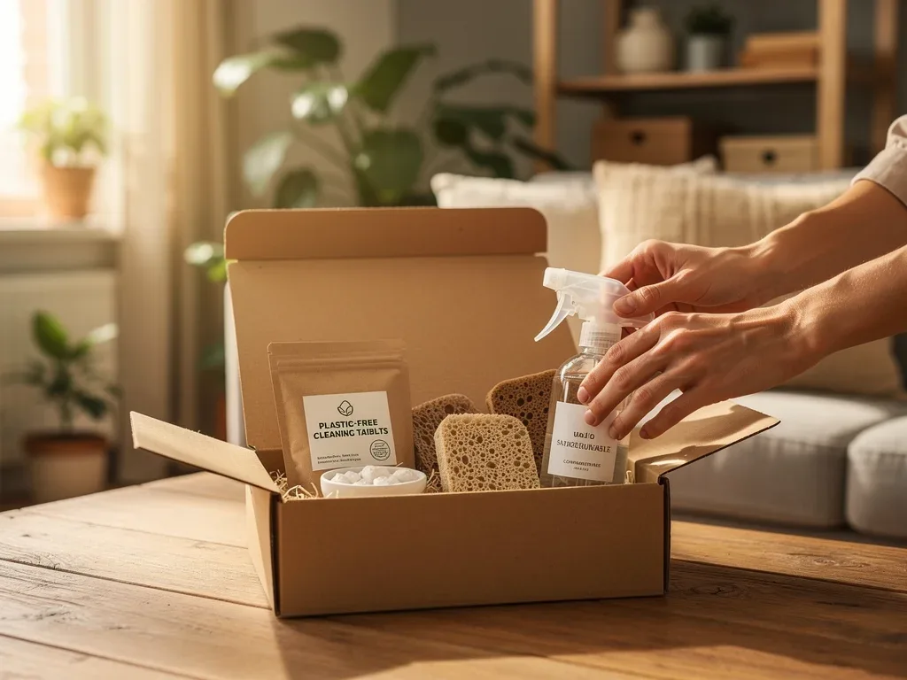 Person unboxing a sustainable household essentials subscription box.