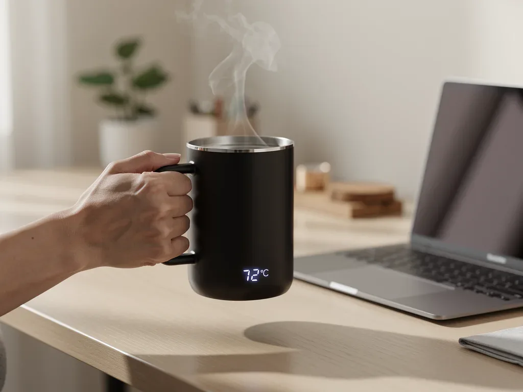 Smart mug keeping coffee warm for remote professional