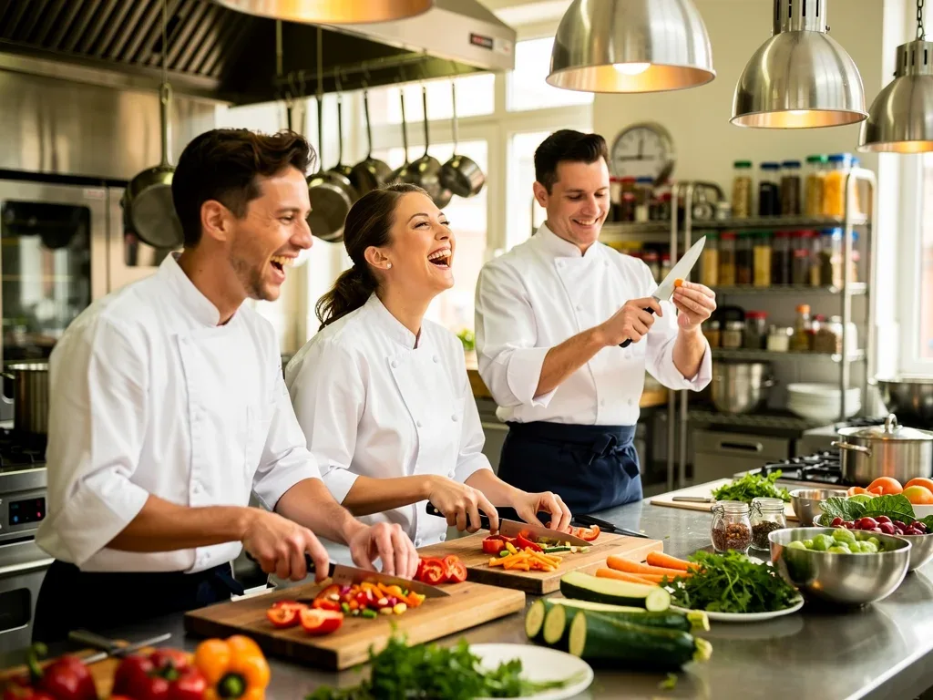 Friends enjoying a gourmet cooking class experience.