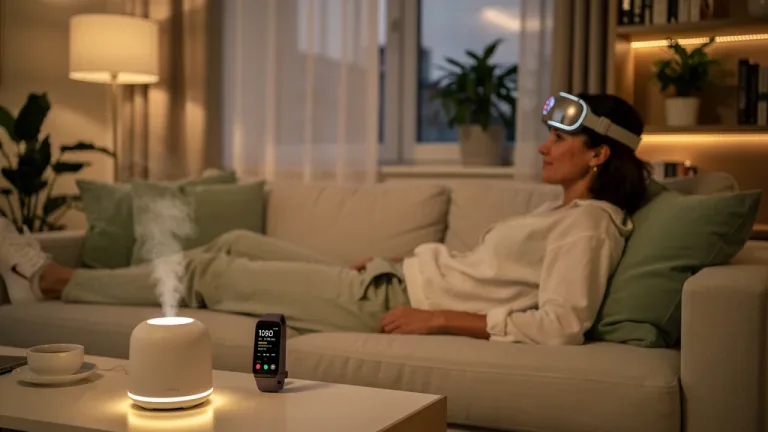 Parent relaxing with AI wellness tech, smart home devices