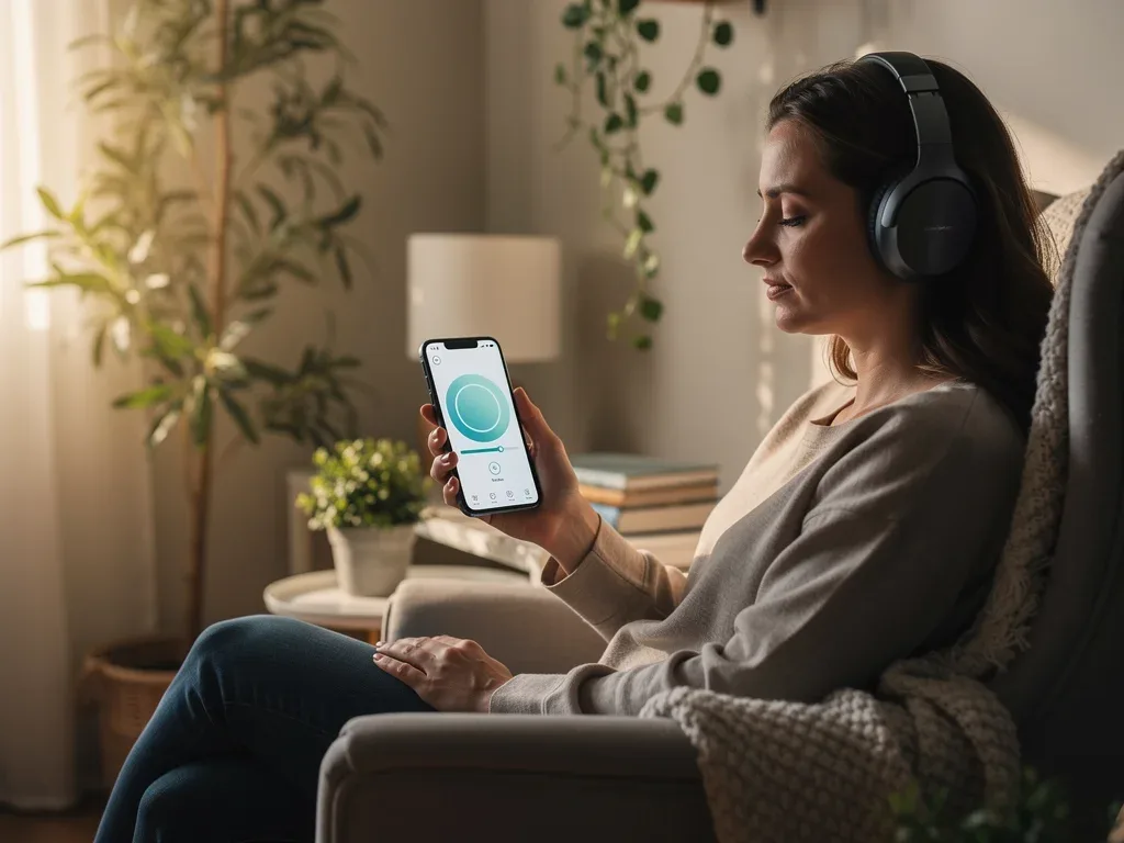 Parent meditating with AI mindfulness app headphones