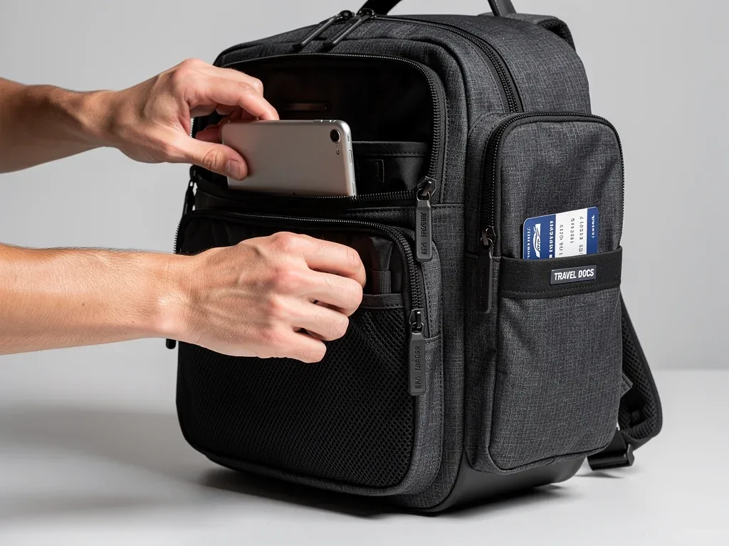 Traveler demonstrating efficient packing with a modular backpack and detachable components.