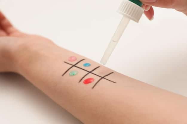 A split screen; one side showing a person undergoing a traditional skin prick allergy test in a doctor's office, and the other side showing a person performing a finger prick for an at-home allergy test. A subtle comparison between the two testing environments.