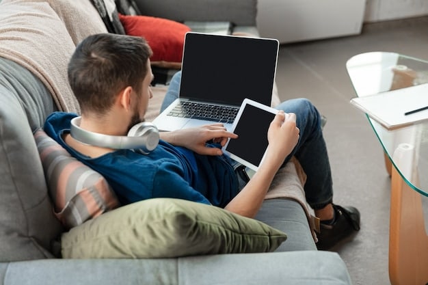 A person sitting on a couch, holding a remote, surrounded by multiple devices (phone, tablet, laptop) all displaying different streaming services.