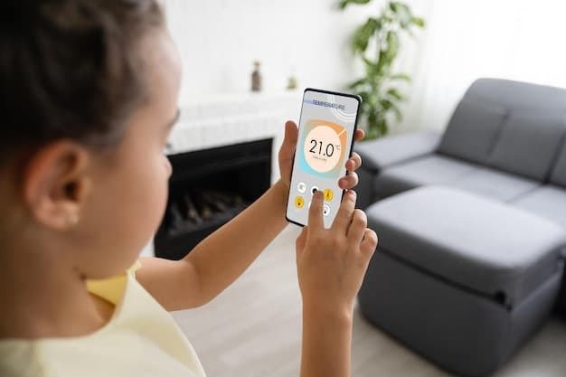 A person using a mobile app to control their smart thermostat, showing the app interface with temperature settings and scheduling options. The background shows a cozy home interior, emphasizing the convenience and integration of the technology into daily life.