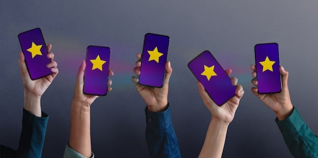 A close-up of a smartphone displaying a review section, with several five-star ratings but generic and unconvincing comments.