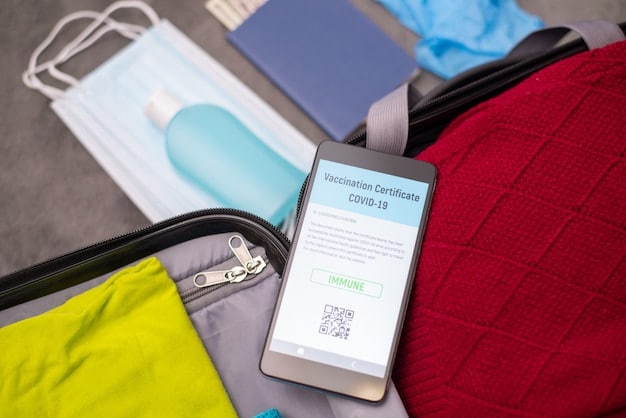 A close-up of a smartphone displaying a travel app with real-time updates on travel restrictions for various countries. The focus is on the phone's screen, highlighting the importance of digital resources.