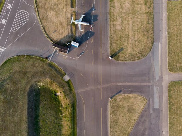 An aerial shot of an airport with clear markings indicating restricted airspace for drone operations.