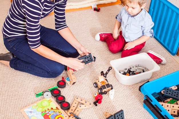 A parent carefully examining a toy. The parent is using a small parts tester to verify that no small parts can detach from the toy. The background is a child's room with toys scattered around.