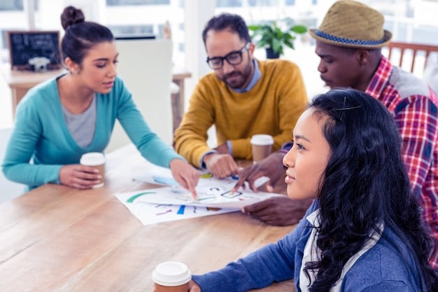 A diverse group of people collaborating around a table, brainstorming and strategizing the marketing plan for the new social media platform, showcasing the importance of market positioning and target audience identification.