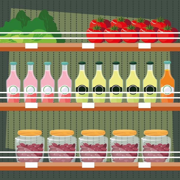 A grocery store shelf displaying a variety of products, some with labels prominently advertising 