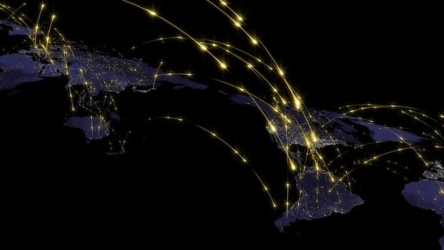 A detailed world map with flight paths illuminated, and a glowing credit card icon at the center, symbolizing global travel enabled by credit card rewards.