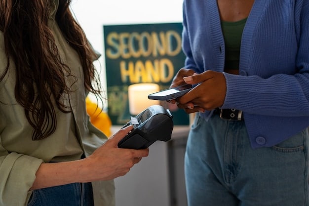 A close-up of a small business owner using a mobile payment terminal with the new credit card, highlighting ease of transaction and digital integration.