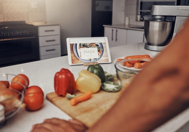 A person using a smart pressure cooker in a well-lit kitchen. The cooker is connected to a smartphone, displaying cooking progress. Fresh vegetables and spices are arranged nearby.