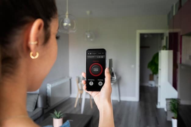 A close-up shot of a home security system control panel, showcasing its user-friendly interface and advanced features, such as emergency call buttons and sensor status indicators.