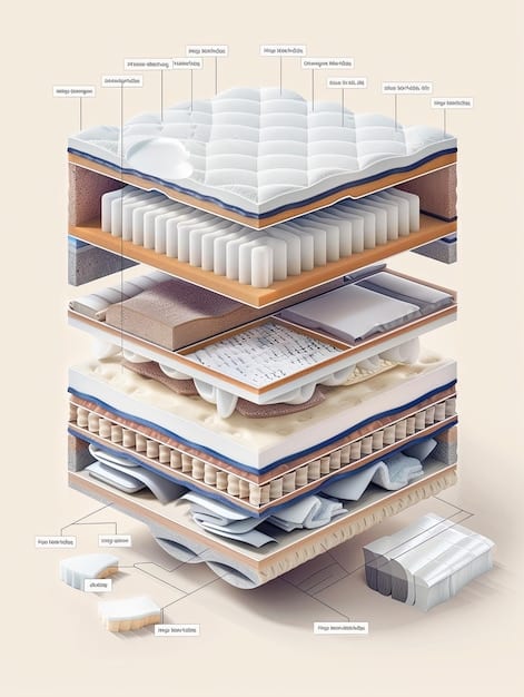 A split image showcasing different mattress types: memory foam, innerspring, latex, and hybrid. Each section highlights the mattress's construction and key features.