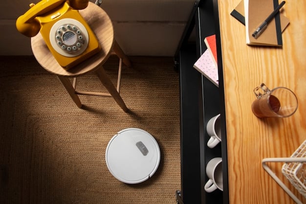 A robot vacuum seamlessly navigating around furniture legs in a living room, showcasing its intelligent mapping and navigation capabilities.