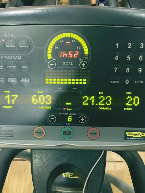 A close-up of a treadmill console showing various workout metrics such as speed, distance, heart rate, and incline.