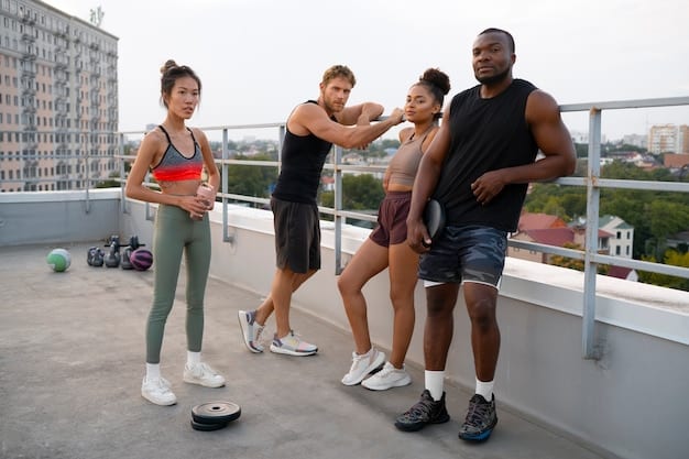 A diverse group of people wearing different models of smartwatches, engaged in various fitness activities such as yoga, running, and weightlifting.