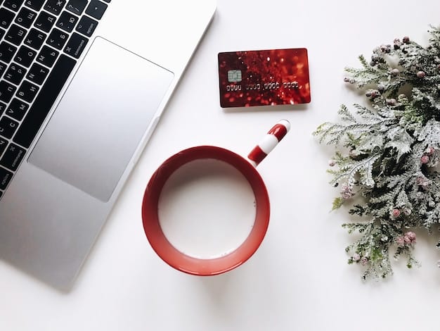 A clean and modern conference table with a laptop open, a business credit card discreetly placed on the side, and a cup of coffee, suggesting a productive business meeting and the seamless integration of financial tools into the daily operations of an entrepreneur.