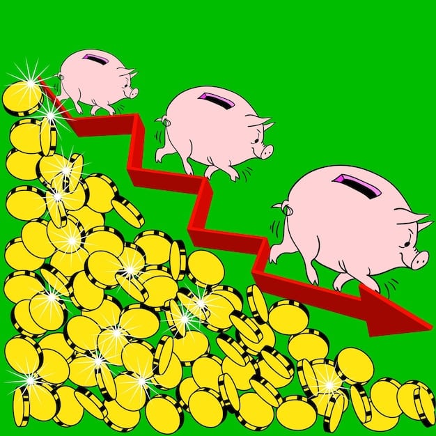 A stylized depiction of a graph showing fluctuating interest rates, with arrows pointing up and down, implying market volatility. In the foreground, a piggy bank sits next to a pile of coins.