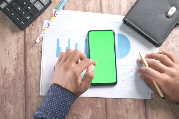 A smartphone displaying a mobile banking app with financial charts and notifications, suggesting active and automated financial management. A finger is hovering over the screen, ready to tap.