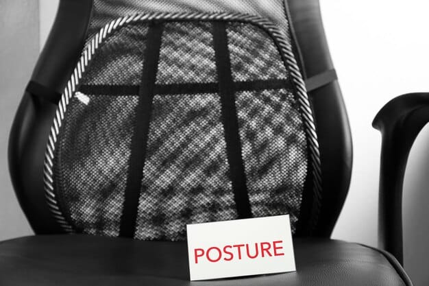 A close-up shot of the adjustable lumbar support mechanism of an ergonomic office chair. Arrows indicate the different directions of adjustment. The chair material should be mesh for breathability.