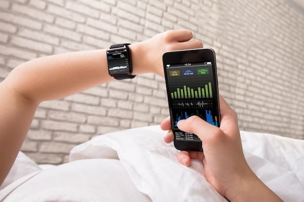 A graph displayed on a smartphone showing the user's sleep cycle analysis from the smartwatch app. The graph illustrates periods of light, deep, and REM sleep throughout the night, with annotations pointing out disturbances.