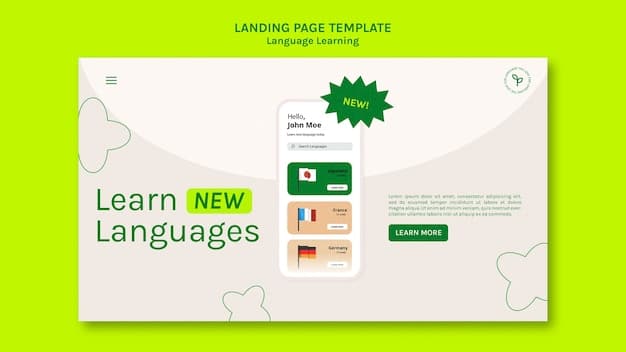 A screenshot of the language learning app's interface, highlighting the navigation menu, personalization settings, and lesson selection screen. Annotations point out key features and design elements.