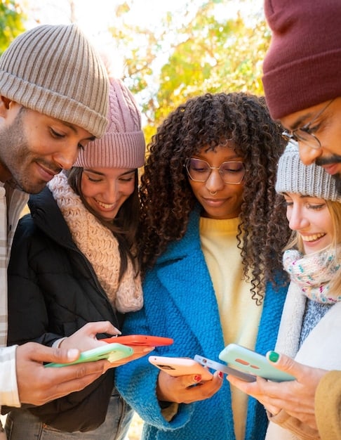 A diverse group of people, each holding a different generation of a popular smartphone, engaging in conversation and comparing their devices, illustrating collective user experience and shared opinions.