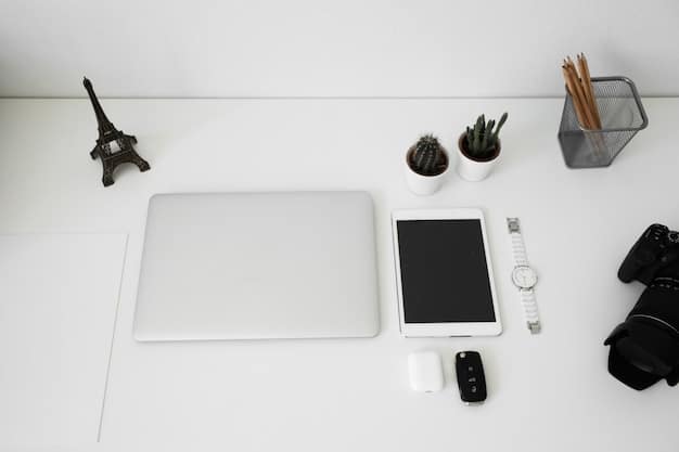 A minimalist desk setup featuring a new model of a laptop seamlessly connected to various peripherals like a wireless keyboard, mouse, and external monitor, all powered by a single USB-C hub, emphasizing integration.