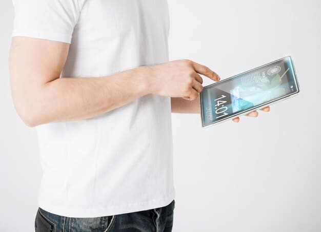 A person holding a transparent smartphone displaying a complex data visualization related to product reviews, highlighting granular insights and comparative data.