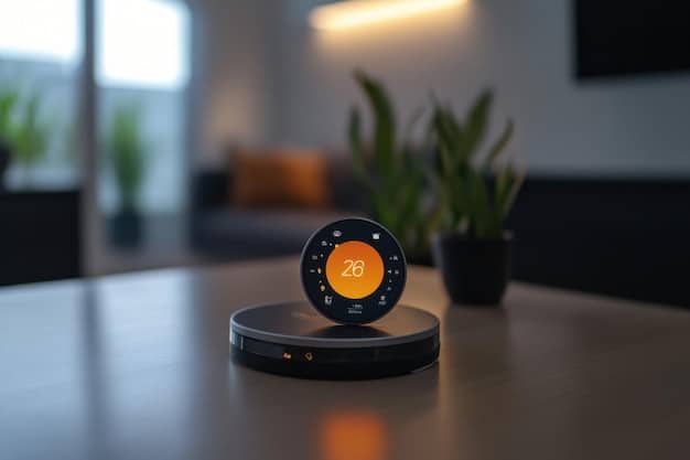 A close-up of a sleek, modern smart thermostat displaying energy consumption data, with a blurred background of a cozy, well-lit living room.