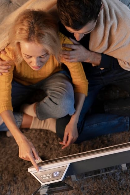 A family thoughtfully unplugging electronics and adjusting a thermostat in a modern, well-lit living room, demonstrating energy-saving habits.