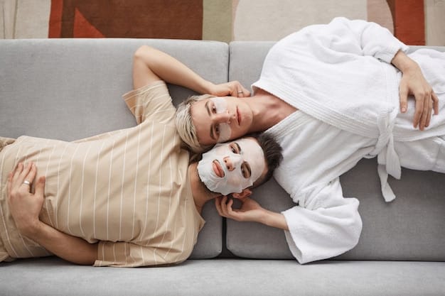 A couple relaxing together in a luxurious spa. They are both wearing robes and face masks, with soft lighting and candles creating a serene atmosphere. The image represents relaxation and pampering.