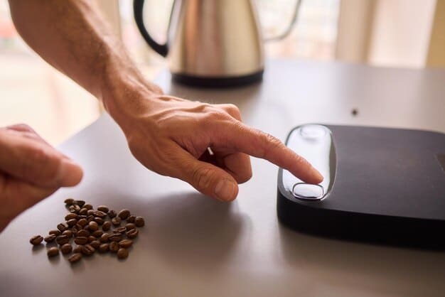 A hand holding a digital kitchen scale with the display clearly showing a weight reading, placed on a wooden kitchen table, with ingredients like flour and sugar in the background, emphasizing precision and accuracy in baking.