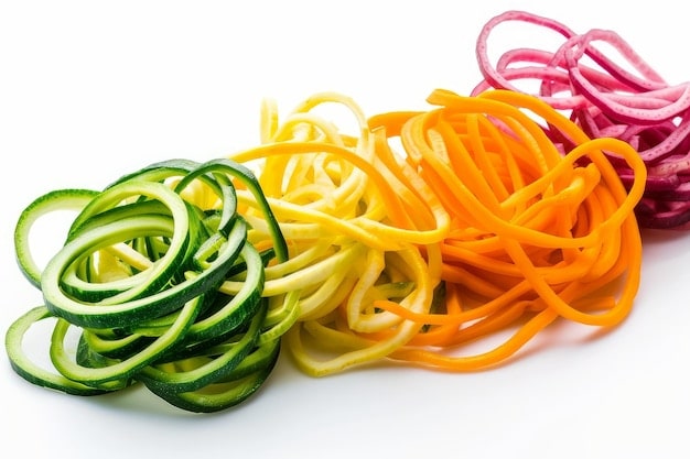Close-up shot of various colorful vegetable noodles (zucchini, carrots, beets) created by a handheld spiralizer, beautifully arranged on a white plate, highlighting the visual appeal and healthy eating aspect of spiralized vegetables.