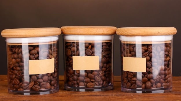 A close-up shot of various types of coffee beans, including light, medium, and dark roasts, displayed in separate glass jars. Each jar has a label indicating the origin and roast level of the beans.