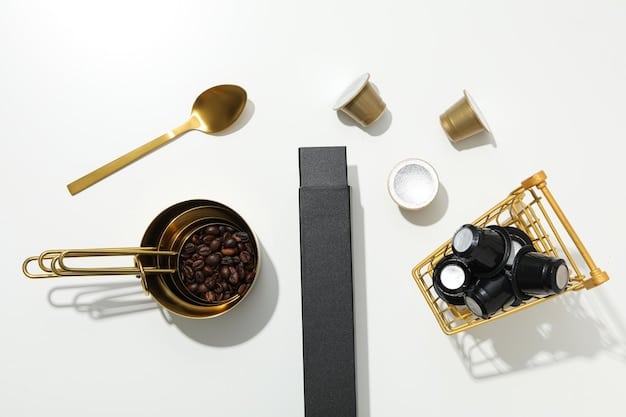 An overhead shot of an opened coffee subscription box, showcasing various items such as coffee beans in small bags, a tasting journal, a small brewing device, and informational cards about the coffee origins.
